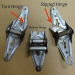 Three damaged garage door hinges